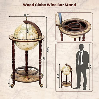 Globe Wine Bar Cabinet, Italian Replica Bar Cart with Wheels and Liquor Bottle Shelf, Solid Wood Wine Bar Stand for Home, Kitchen, Bar, Pub (Cream White)