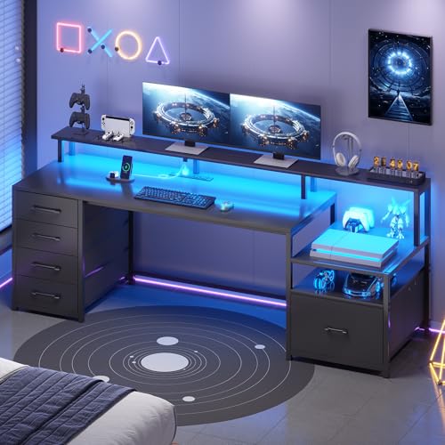 Computer Desk with 5 Drawer, Power Outlet, Led Lights, Black, view 4