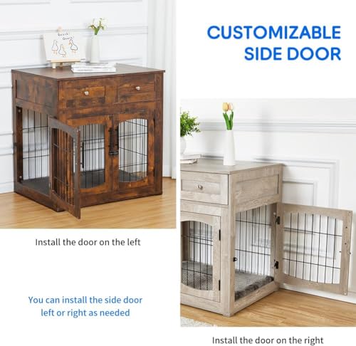 Dog Crate Furniture with Cushion,Wooden Dog Kennels Indoor with 2 Drawers, view 6