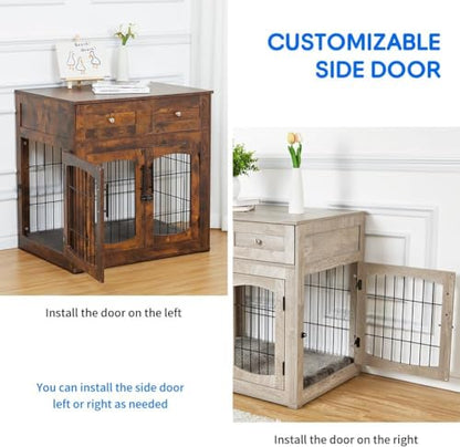 Dog Crate Furniture with Cushion,Wooden Dog Kennels Indoor with 2 Drawers, view 6