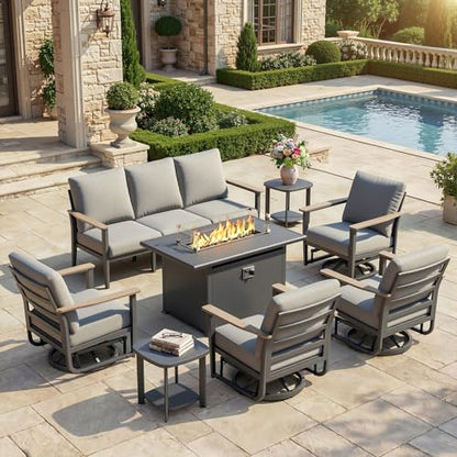 Aluminum Outdoor Patio Furniture Set with 5.1-Inch Cushions | 8-Piece: 3-Seat Sofa, 4 Swivel Rocking Chairs, 2 Side Tables & 55,000 BTU Fire Pit Table, Gray