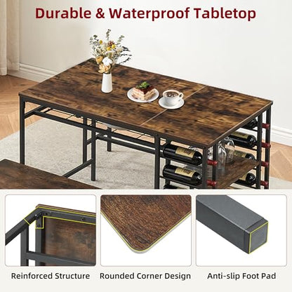 Dining Table Set for 4, Kitchen Table with 2 Benches, Wine Rack and Storage Shelf, Rectangular Dining Room Table Set, 3 Piece Dining Table Set for Small Space, Apartment, Dinette, Rustic Brown