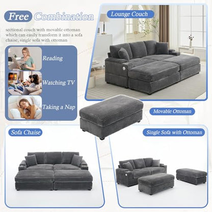 86.6" Sectional Sofa Couch with 2 Ottomans, Comfy Corduroy Upholstered Cloud Modular Convertible Couch with Cup Holders and USB, Armrest Storage, Deep Seat Oversized Loveseat for Living Room, Grey