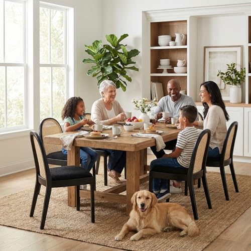 Modern Sherpa Dining Chairs Set of 6, Natural Woven Rattan Cane Back Side Chairs with Solid Wood Legs Mid Century Dinner Chairs for Kitchen Living Room, Black