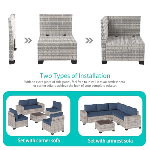 6-Piece Outdoor Patio Furniture Set Wicker Rattan Sectional Sofa Set, Patio Conversation Set with Thickened Cushions & Coffee Table for Garden, Backyard, Navy Blue