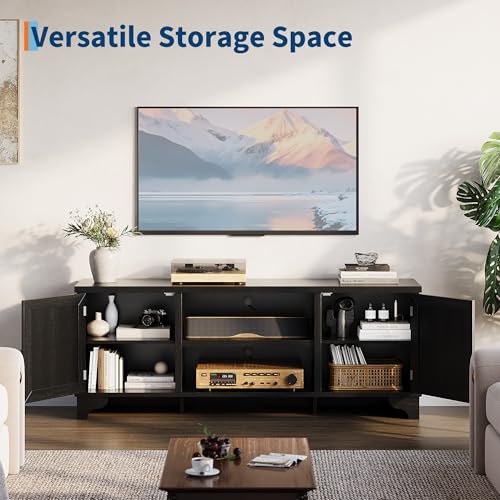 Rattan TV Stand for Living Room, Boho Entertainment Center for 55, 65 in TV, TV Console Cabinet with Storage Shelf, Black