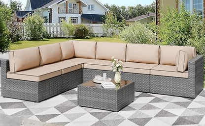 7 Pieces Outdoor Patio Furniture Sets, Patio Sectional Sofa Couch, Gray PE Wicker Furniture Modular Patio Conversation Sets Patio Sofa with Washable Cushions, Gray/Khaki