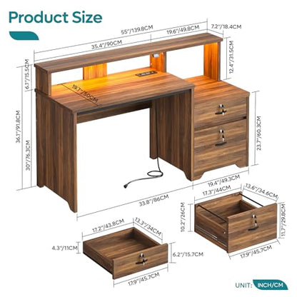 55 Inch Wood Computer Desk with Lockable File Drawer, Charging Station & LED Lights - Home Office Desk with Storage Shelves, Printer Shelf & Monitor Stand, Wooden Desk for Study & Work, Walnut