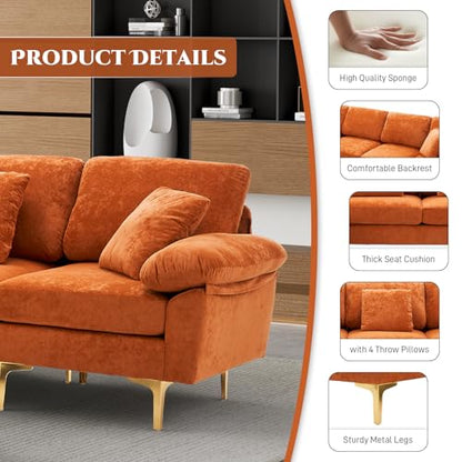 U-Shaped Sectional Sofa Couch, 4 Seat Sofa Set for Living Room, Convertible L-Shaped Velvet Couch Set with Chaise Lounge, Ottoman and Pillows,114 inches (Orange)