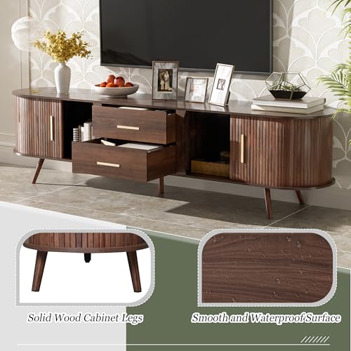 70" Fluted TV Stand for TVs Up to 80", Mid Century Entertainment Center with Sliding Tambour Doors and Drawers, Modern Curved Media Console with Storage for Living Room, Walnut