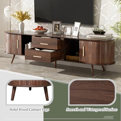 70" Fluted TV Stand for TVs Up to 80", Mid Century Entertainment Center with Sliding Tambour Doors and Drawers, Modern Curved Media Console with Storage for Living Room, Walnut