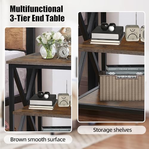 Square End Tables Living Room Set of 2, 16" D x 16" W x 24" H, Rustic Brown | Rustic End Tables Living Room with Storage Shelf, Side Tables with Steel X-Shaped Frame, Farmhouse Nightstand Wood and Metal