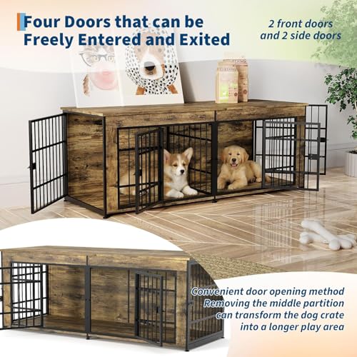 63" Large Wooden Dog Crate Furniture for 2 Dogs, Brown, view 7