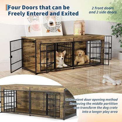 63" Large Wooden Dog Crate Furniture for 2 Dogs, Brown, view 7