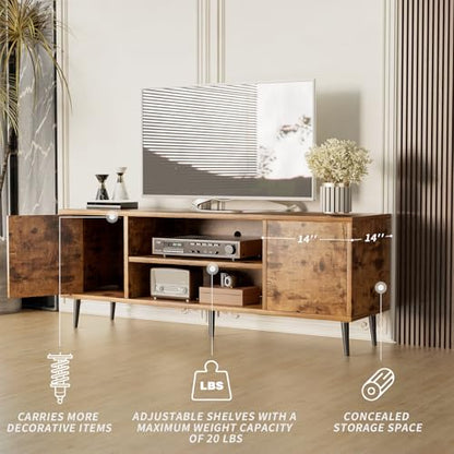 TV Stand for 65 Inch TV, Mid Century Modern TV Stand, Entertainment Center with Storage Cabinet and Open Shelves, TV Console Table Media Cabinet for Living Room, and Bedroom (Rustic Brown)