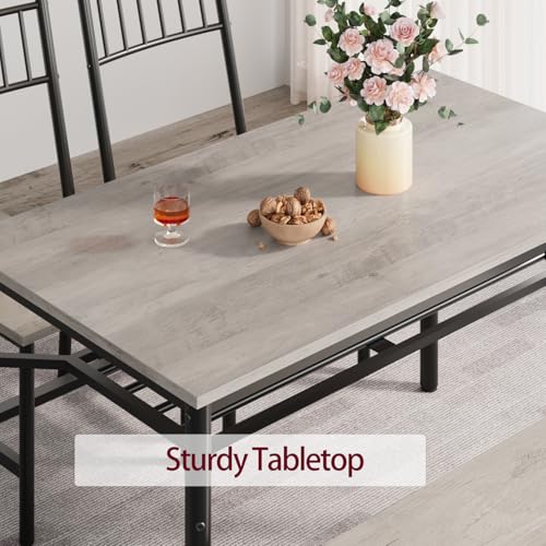 Dining Table Set for 4, Kitchen Table and Chairs for 4 with Wine Rack, Room Dining Table Set with Storage Benches, Rectangular Kitchen Table Set for Small Space, Apartment, Retro Gray