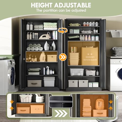 Metal Garage Storage Cabinet with Lock, 71" Locking Tool Cabinet with 2 Doors and 5 Adjustable Shelves, Tall Steel Cabinet Garage for Home,Office,Warehouse，School (Black)