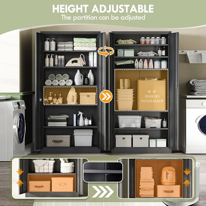 Metal Garage Storage Cabinet with Lock, 71" Locking Tool Cabinet with 2 Doors and 5 Adjustable Shelves, Tall Steel Cabinet Garage for Home,Office,Warehouse，School (Black)