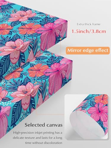 NuYeBiofx Exotic Pink Red Floral Blue Leaves Canvas Wall Art Prints,40"x28" Framed Picture Artwork Boho Tropical Plants Printed Canvas Oil Painting for Living Room Bedroom Office,Ready to Hang