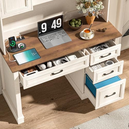 Farmhouse 67" H Executive Desk with Hutch,LED Light and Charging Station, Computer Desk with Storage Drawers & File Drawer, Workstation for Home Office & Study.Unique White