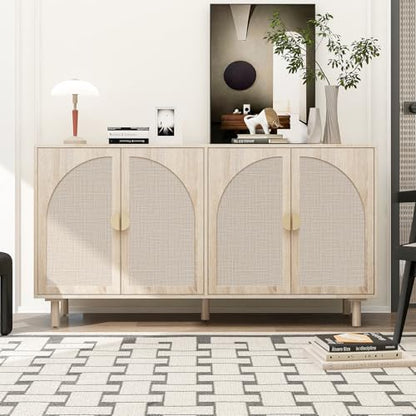 Sideboard Buffet Cabinet with Storage - Rattan 4 Door Cabinet, Accent Storage Cabinet with Cane Door, Boho Wood Credenza for Living Room, Kitchen (Beige)