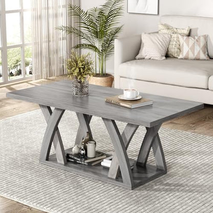Farmhouse Coffee Table with Shelf, Wood Coffee Table for Living Room, Open Display Area, 47” Grey