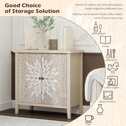 31" Modern Accent Cabinet with Storage, Storage Cabinet with 2 Carved Pattern Doors and Adjustable Shelf, Decorative Sideboard for Living Room, Entryway, Dining Room, Natural
