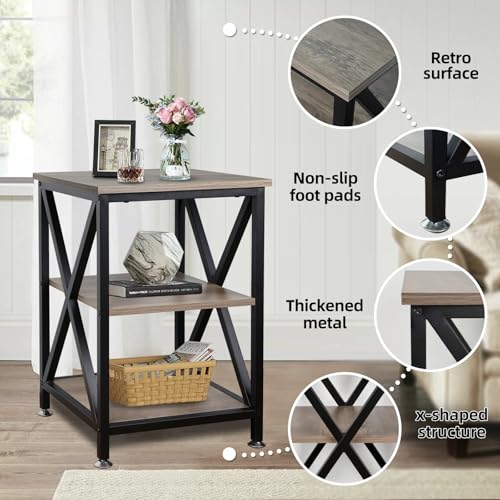 End Tables Living Room Set of 2, 16" D x 16" W x 24" H, Indoor End Tables Living Room with Storage Shelf, Square End Table Set of 2, X-Shaped Night Stands for Bedroom, Farmhouse Wood Side Tables