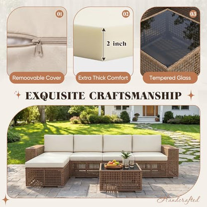 Patio Furniture Set,6 Pieces Outdoor Sectional Sofa with Cup Holder and 7.87in Wider Armrest, PE Wicker Backyard Couch Set with Coffee Table&Glass Tabletop for Deck, Porch（6 pcs）