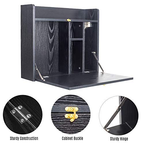 Wall Mounted Table, Multifunctional Fold Down Wall Mounted Laptop Computer Desk with Storage Compartments for Home, Office (Black)