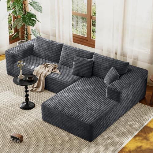 Modular Sectional Couches for Living Room, Comfy Shaped Boneless Cloud Couch with Chaise, Modern Deep Seat Corduroy Floor Sofa, No Assembly Required (Grey, 107" L-Shaped Right)