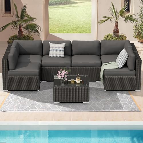 7 Pieces Outdoor Patio Furniture Set, Black Brown Wicker Patio Sectional Sofa Set, Outdoor Couch with Cushion and Tempered Glass Table, Grey