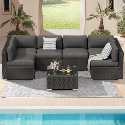 7 Pieces Outdoor Patio Furniture Set, Black Brown Wicker Patio Sectional Sofa Set, Outdoor Couch with Cushion and Tempered Glass Table, Grey