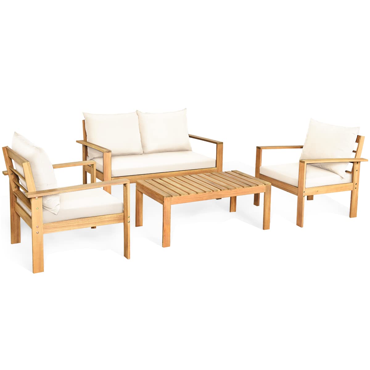 4 Piece Patio Furniture Set Outdoor Conversation Set Wood Sofa Table Set with Cushions, Acacia Wood Chairs & Coffee Table Set for Garden Backyard Poolside