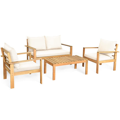 4 Piece Patio Furniture Set Outdoor Conversation Set Wood Sofa Table Set with Cushions, Acacia Wood Chairs & Coffee Table Set for Garden Backyard Poolside