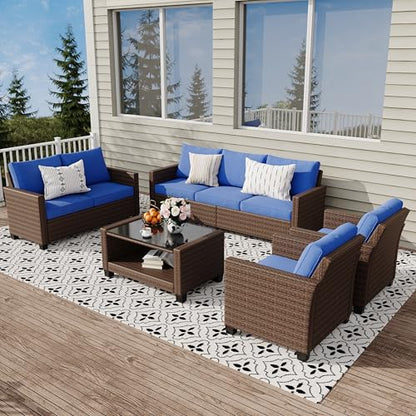 5 Pieces Patio Furniture Set, 7-Seater Rattan Wicker Patio Conversation Sets with Coffee Table, Outdoor Sectional Patio Sofa Set, Brown Rattan and Blue Cushions