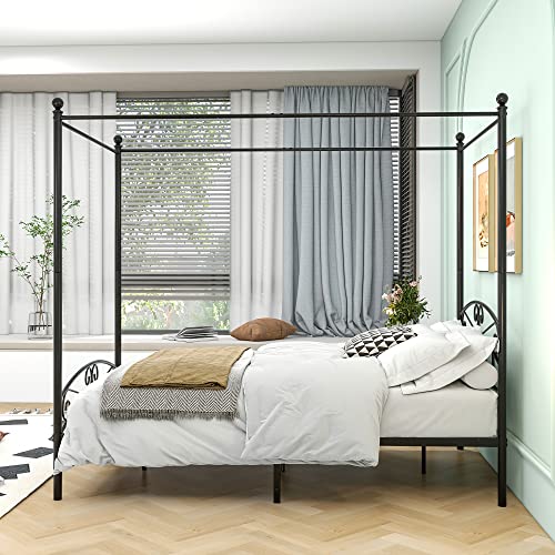Metal Canopy Bed Frame Four-Poster, Full, Black, view 4