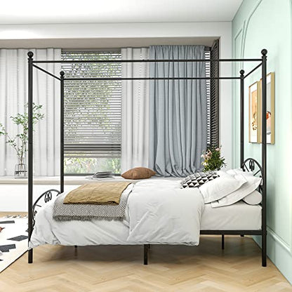 Metal Canopy Bed Frame Four-Poster, Full, Black, view 4