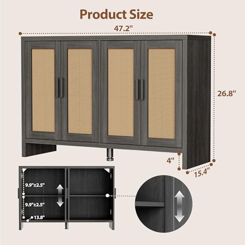 Rattan Buffet Cabinet with Storage, Sideboard with Doors, Console Table, view 3