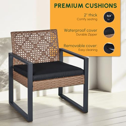Wicker Patio Furniture Outdoor Conversation Set of 4, Rattan Outdoor Furniture Set, Acacia Wood Table, 2 Chairs, 1 Loveseat, 2” Cushions, All Weather Set for Patio, Porch, Balcony (Brown)