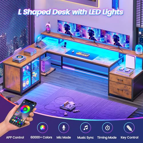 78.7” Large L Shaped Desk with Storage Drawers, Office Desk with File Drawer and Display Cabinet, L Shaped Gaming Desk with Storage, Power Outlet and LED Lights for Home Office, Rustic Brown