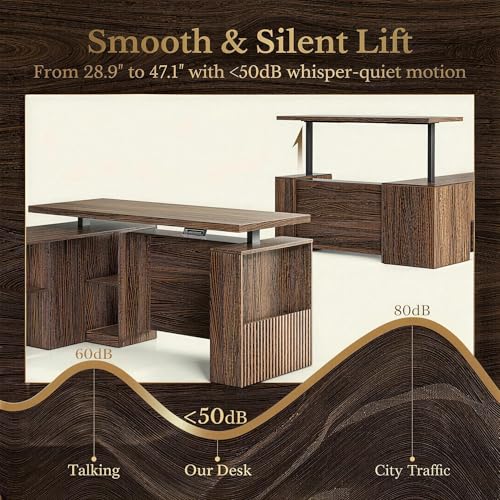 70 Inches L Shaped Executive Standing Desk, Electric Height Adjustable Desk with File Cabinet, Computer Corner Table with AC/USB and Privacy Panel for Home and Office, Black Walnut