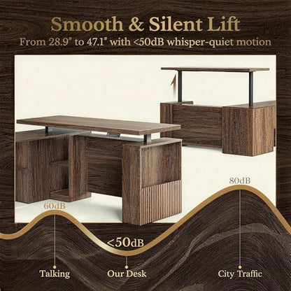 70 Inches L Shaped Executive Standing Desk, Electric Height Adjustable Desk with File Cabinet, Computer Corner Table with AC/USB and Privacy Panel for Home and Office, Black Walnut