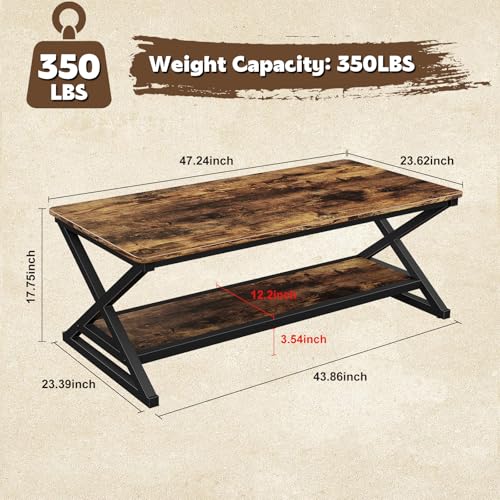 Rustic Brown Rectangle Coffee Table for Living Room, 47" Farmhouse Minimalist Wooden Metal 2 Tier Center Tables with Storage Shelf, 350lbs Load Capacity, Easy Assembly