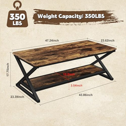 Rustic Brown Rectangle Coffee Table for Living Room, 47" Farmhouse Minimalist Wooden Metal 2 Tier Center Tables with Storage Shelf, 350lbs Load Capacity, Easy Assembly