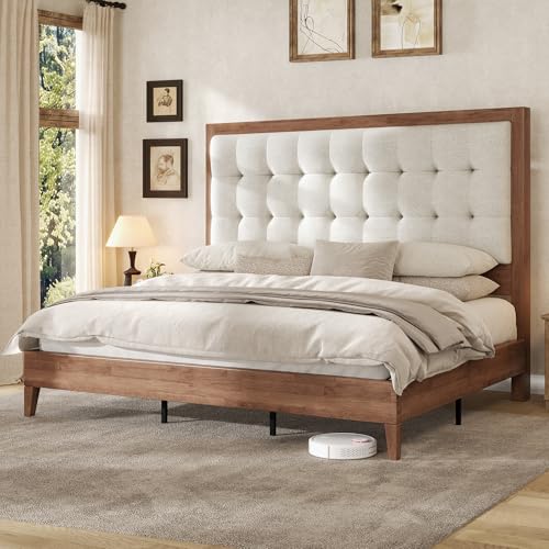 Solid Wood Queen Bed Frame 50.2" Upholstered Headboard, Walnut, view 2