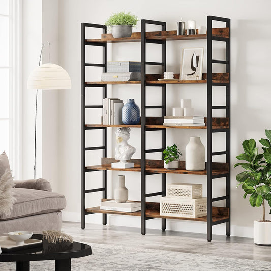 5-Tier Industrial Bookshelf, 71”H X 47”W Etagere Bookcase, Freestanding Double Wide Book Shelf for Storage and Display, Wood and Metal Bookshelves for Living Room Home Office, Rustic Brown