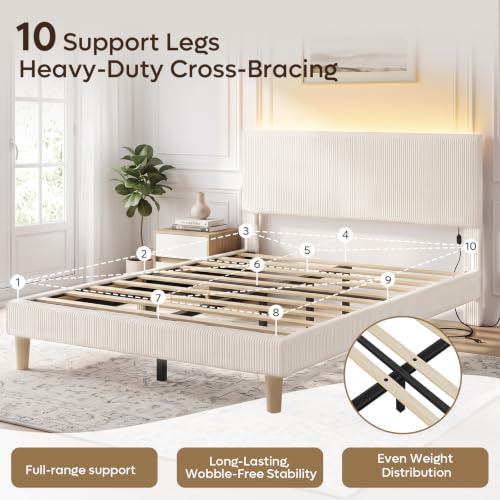 Queen Bed Frame Beige with LED Lighting, view 4