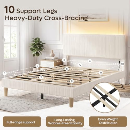 Queen Bed Frame Beige with LED Lighting, view 4