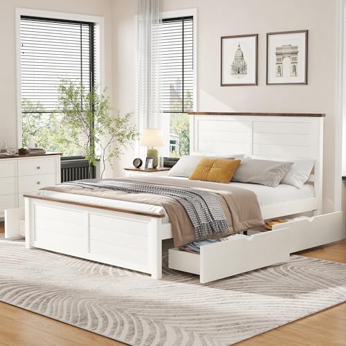 Wooden queen bed frame in beige with headboard, view 2